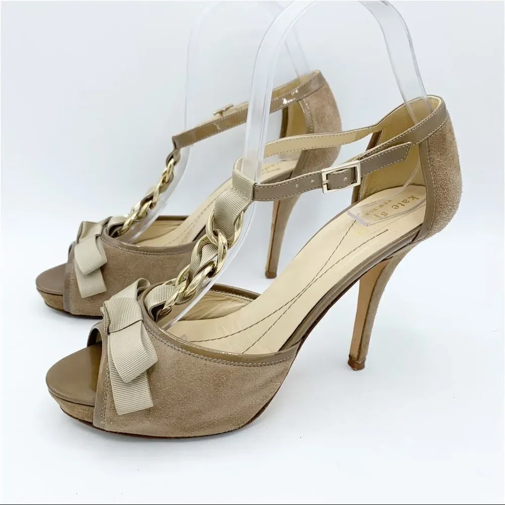 Kate Spade Taupe Suede Peep-to Platform Stiletto Sandals Chain w/Ribbon Sz 7.5‎